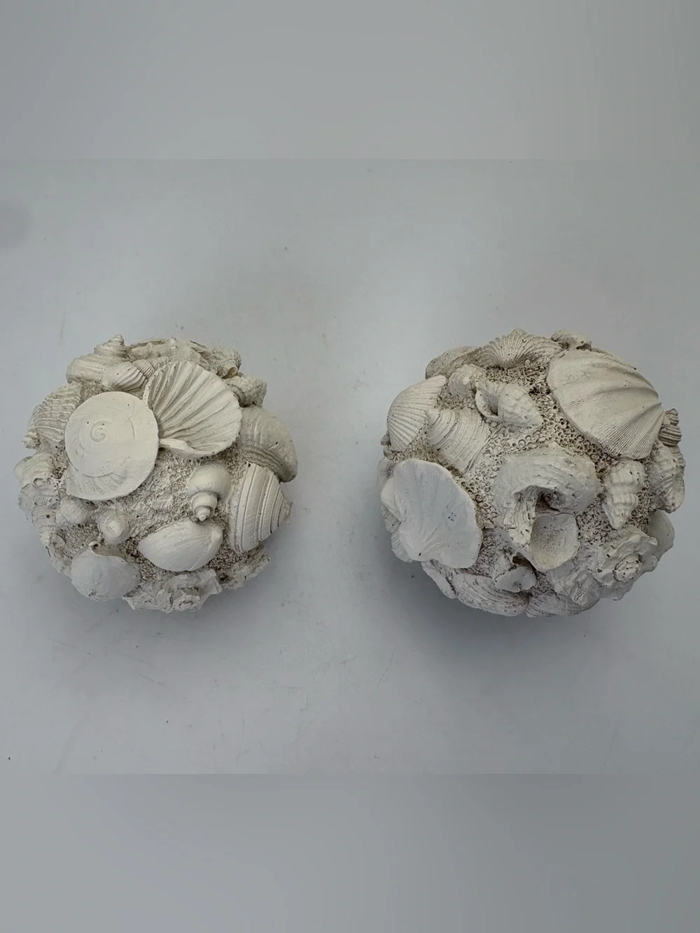 Cream Resin “Seashell” Decorative Spheres - Coastal Home Art Pair